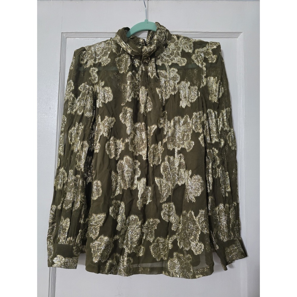 Mille‎ Charlotte Long Sleeve Metallic Pleated Green Blouse Gold Leaf size Medium